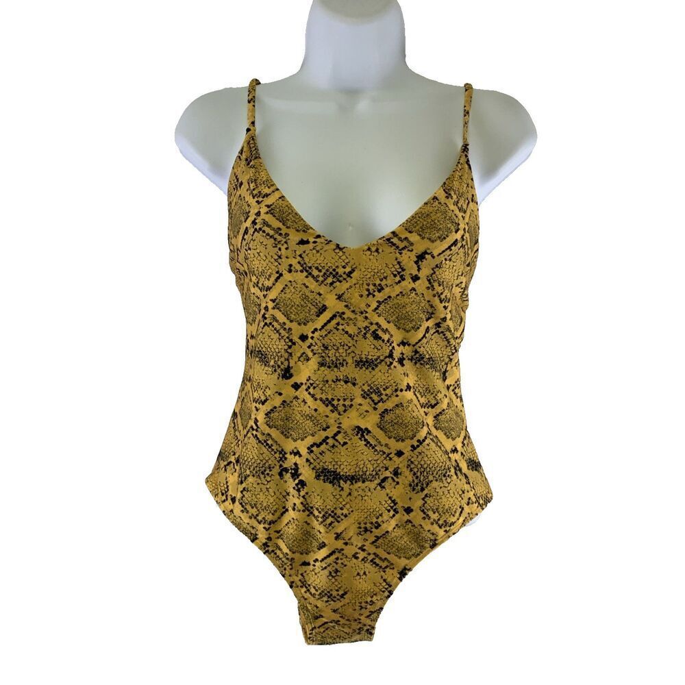 SUBOO One Piece Swimsuit Yellow Python Snakeskin Print V-Neck Open Back Large